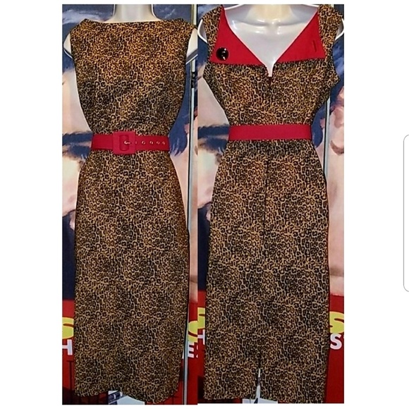 Tatyana Dresses & Skirts - Tatyana Leopard Retro 1950’s Pinup Pencil Dress w Red Back Flap & Button Detail